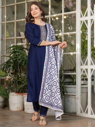Precious Navy Blue Sequins Rayon Event Wear Pant Suit With Dupatta